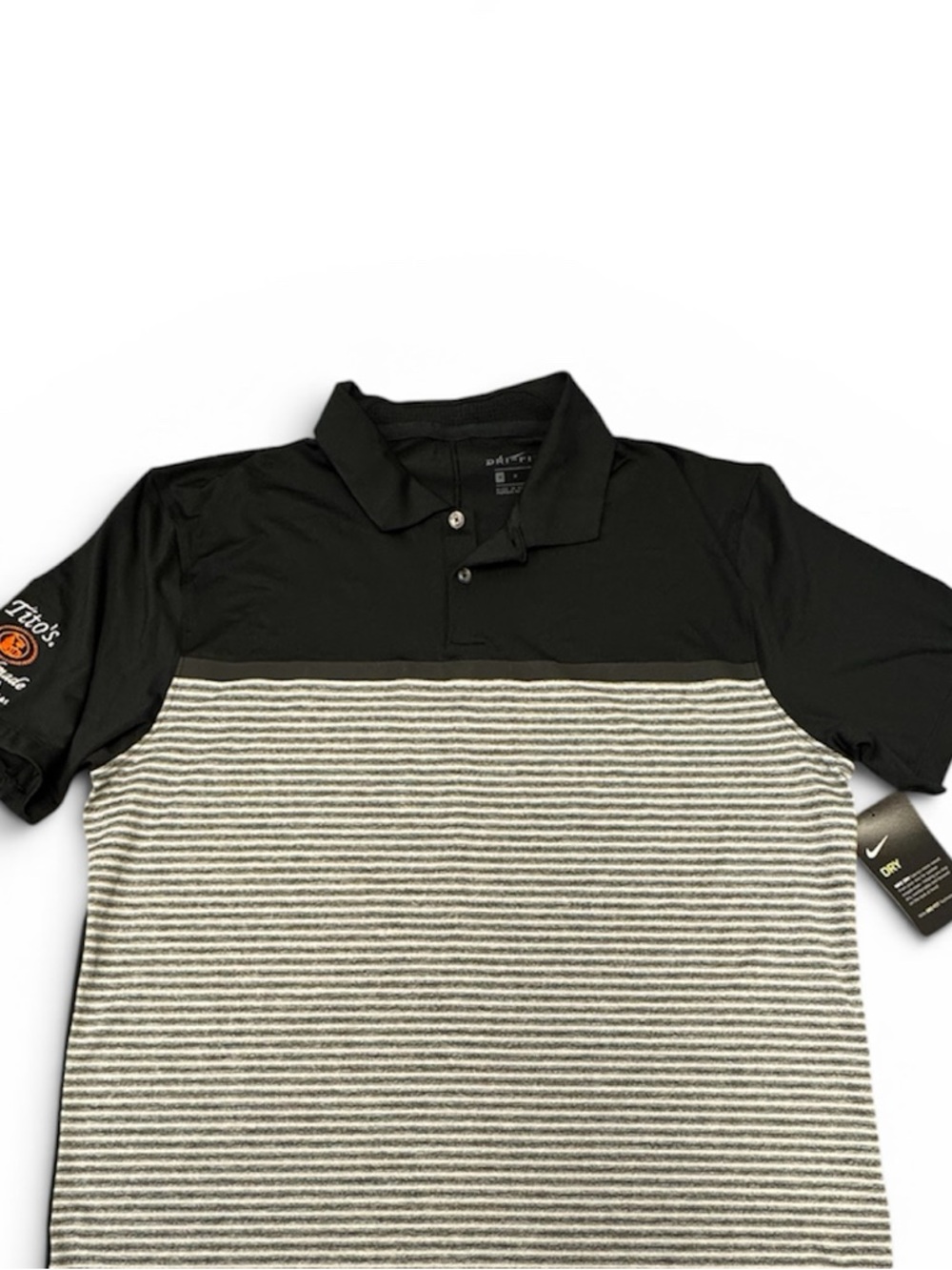 Men's Nike Black and Gray Striped Polo Golfing Shirt. Tiger Woods. Dry Fit.